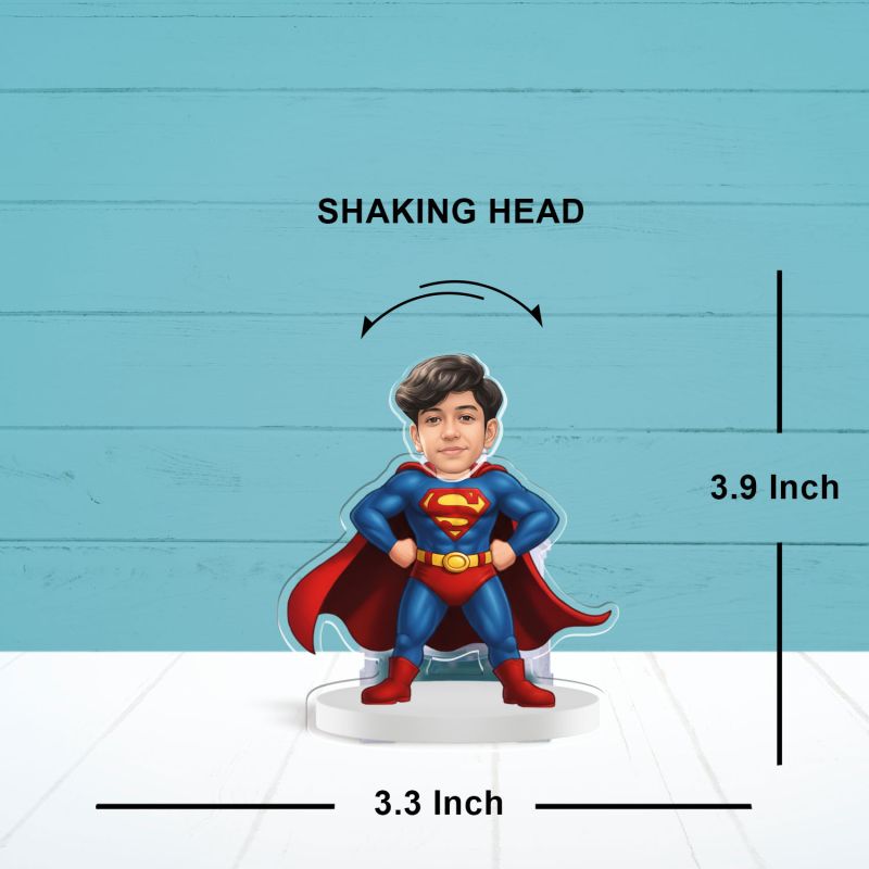 Personalized Super Man Cartoon Theme Funny Face Caricature Birthday Return Gift for Kids, Girls & Boys Solar Powered Moving Head for Car Dashboard & Table Decor